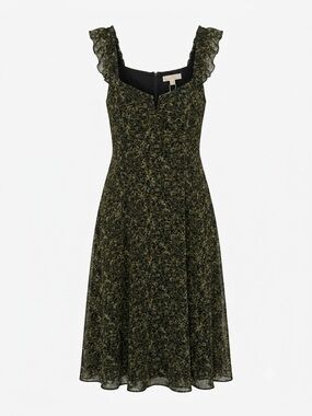 NWT Michael Kors Green Black Flutter Floral Chiffon Fairy Ruffle Sleeve Dress 12